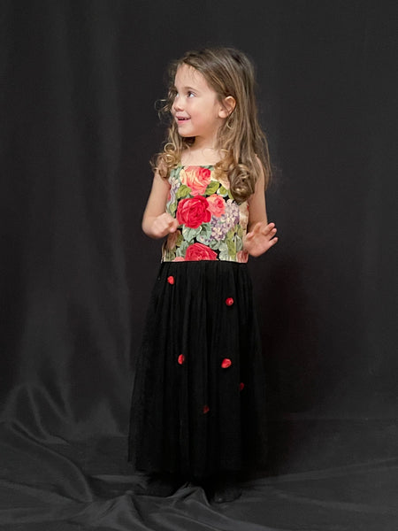 Child’s Antique Dress with Rose Printed Velvet Bodice: C1930s Europe