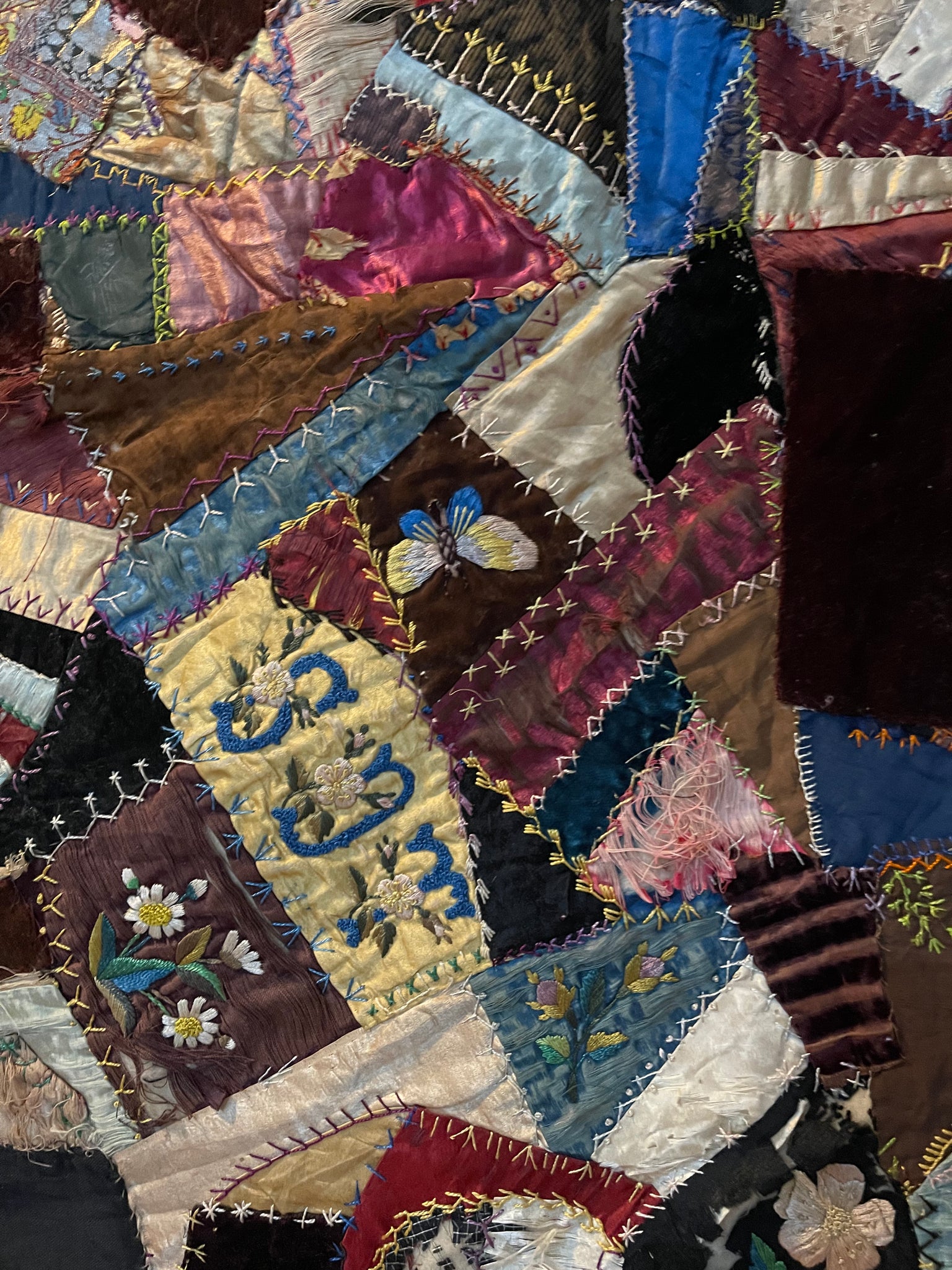 Antique Folk Art Crazy Patchwork Embroidered Quilt Dated & Initialled: C1880s America