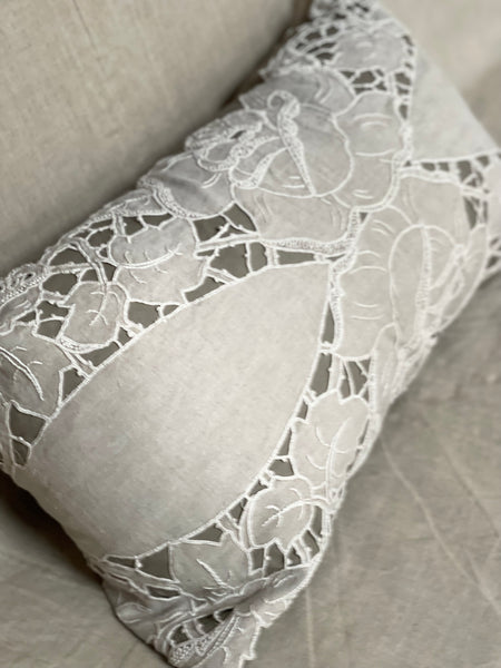 Linen Cutwork Embroidered Lace Pillow or Cushion: C1900 French