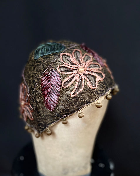 Decorative Raffia Embroidered Cloche Hat: C1920 France