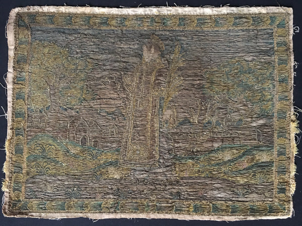 Early Embroidery Landscape Scene with Figure and Architectural Elements: C17th English