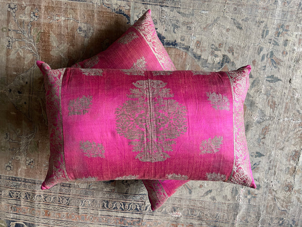 Antique Magenta Silk Lampas Cushions : C19th Turkey