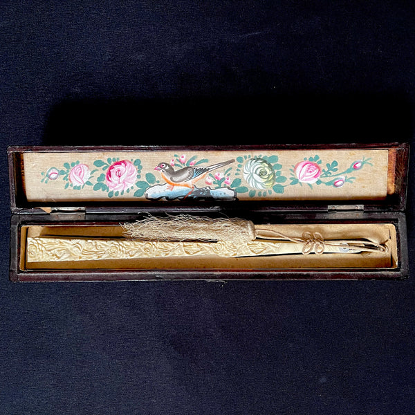 Silk Embroidered Fan in Original Hand Painted Box: C1900 Japan