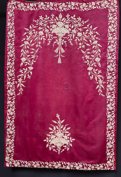 Crimson Pink Silk Embroidered Antique Ottoman Wall Hanging: C19th Asia