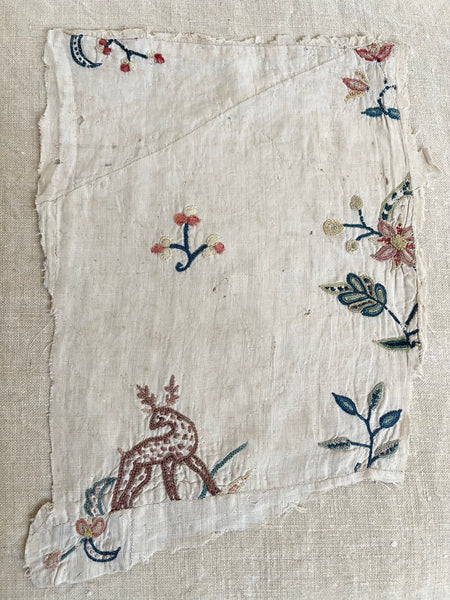 Early Tambour Embroidered Dress Fragment with Deer: C18th English