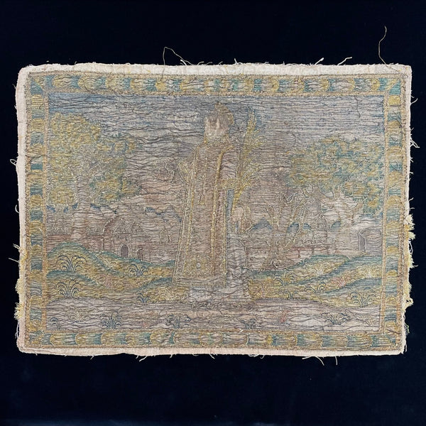 Early Embroidery Landscape Scene with Figure and Architectural Elements: C17th English
