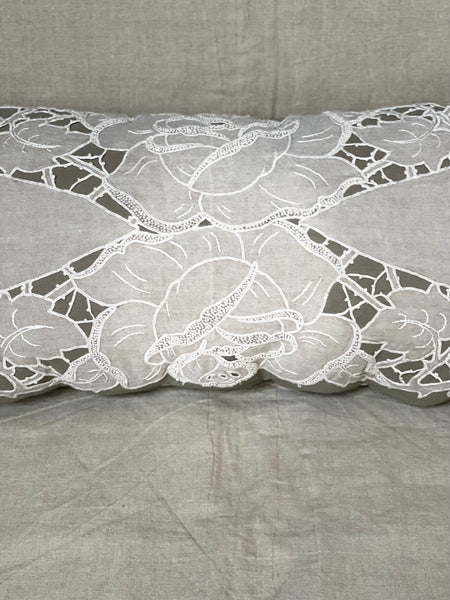 Linen Cutwork Embroidered Lace Pillow or Cushion: C1900 French
