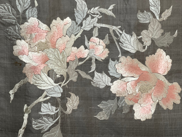 Antique Silk Embroidered Organza Panel with Peonies: C1910 Japan