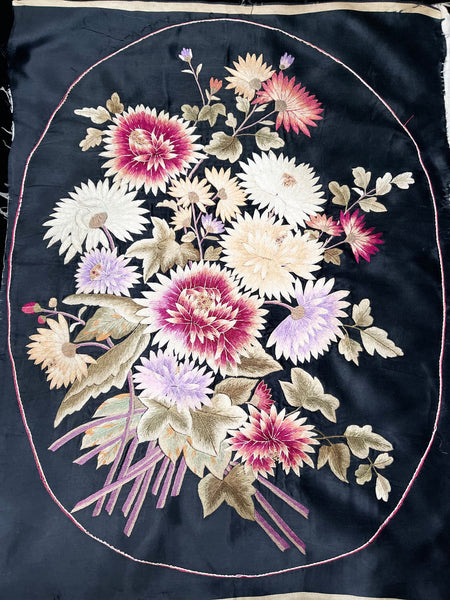 Antique Japanese Oval Silk Embroidered Floral Embroidery : C1920s Japanese  (for export)