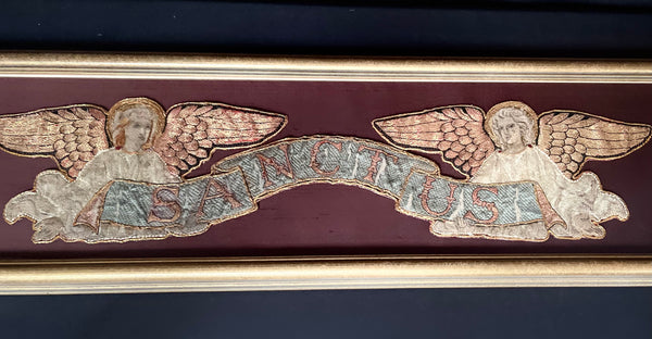 Pair of Framed Silk Embroidered Arts and Crafts ‘Sanctus’ Angels:  C1890 English