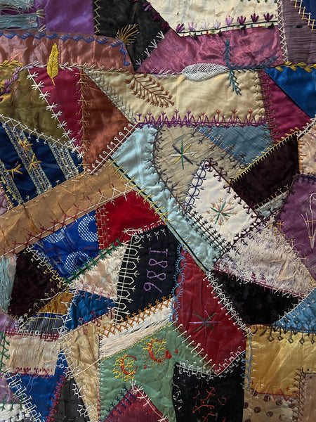 Antique Folk Art Crazy Patchwork Embroidered Quilt Dated & Initialled: C1880s America