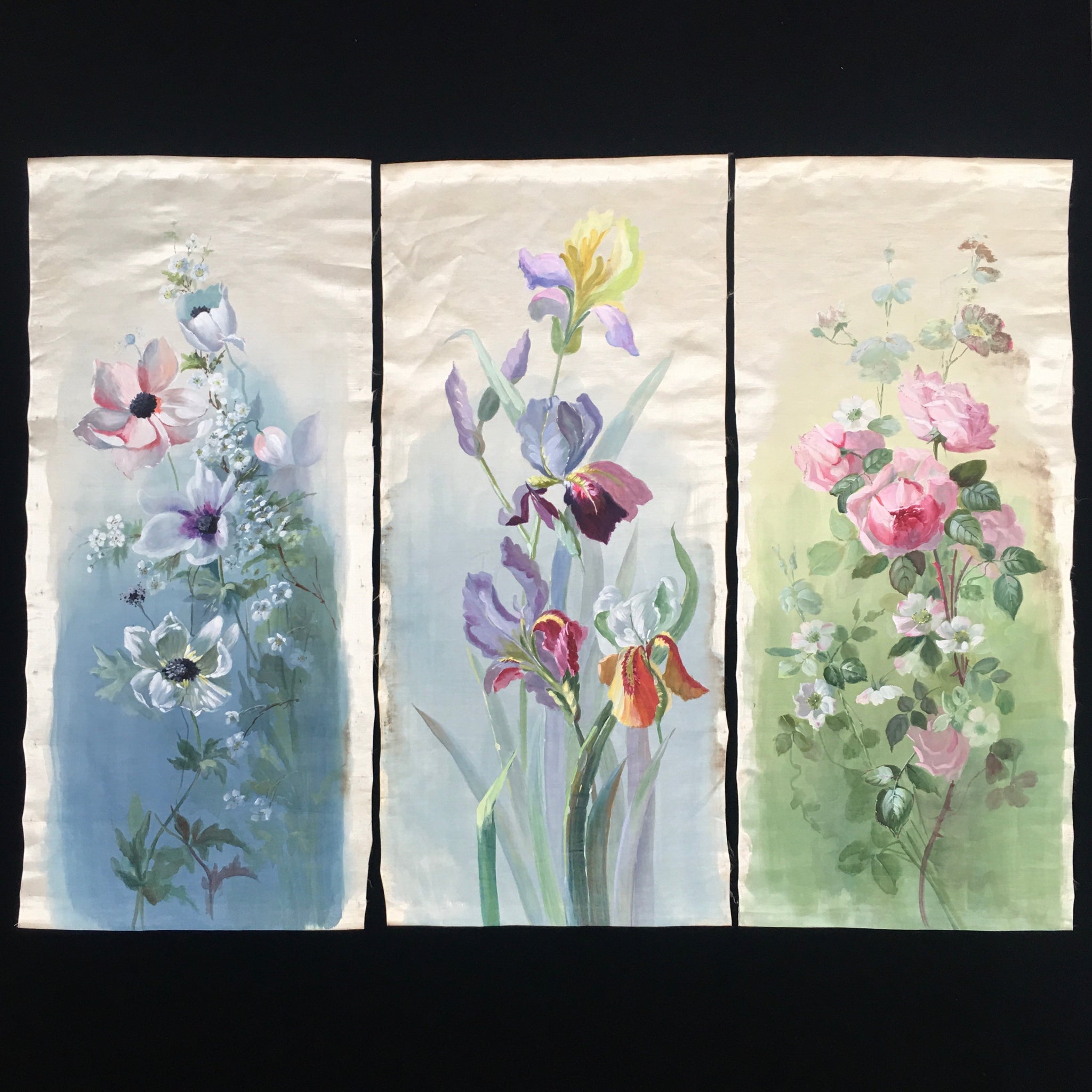 Set of Three Hand Painted Silk Wall Panels C1920-30