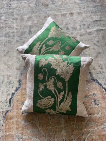 Pair of Green & Silver Silk Brocade Cushions: C19th French