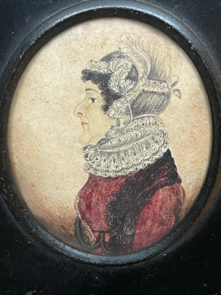 Miniature Hand-painted Watercolour Portrait Lady with Intricate Lace Collar: C1800 English