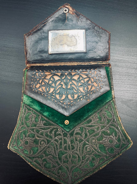 Antique Ottoman Cutwork Leather and Emerald Green Silk Velvet Bag: C19th Turkey