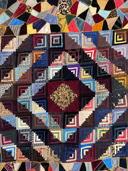 Victorian Handmade Silk Crazy Patchwork Quilt: C1880 English