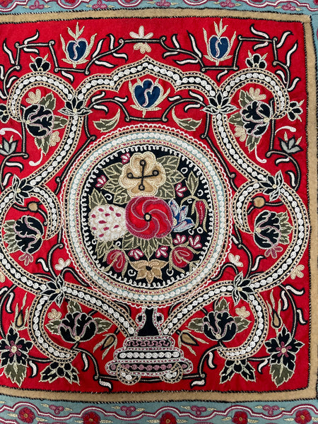 Antique Silk Embroidered Panel with Appliqués: C19th Rescht, Persia
