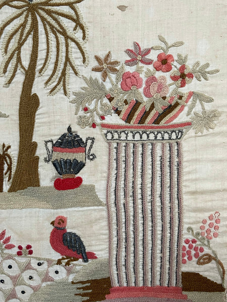 Fine Early Crewelwork Embroidery with Neoclassical Scenes: C1757 Rome, Italy