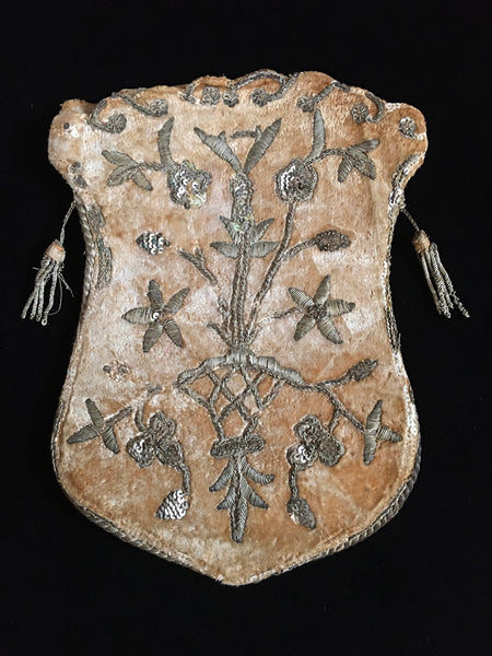 Ottoman Silk Velvet Bag with Silver Metal Thread Embroidery