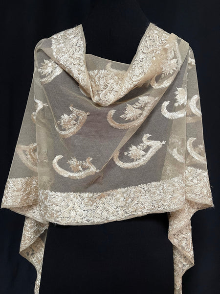 Fine Cream Silk Embroidered Gauze Delhi Shawl: C19th India
