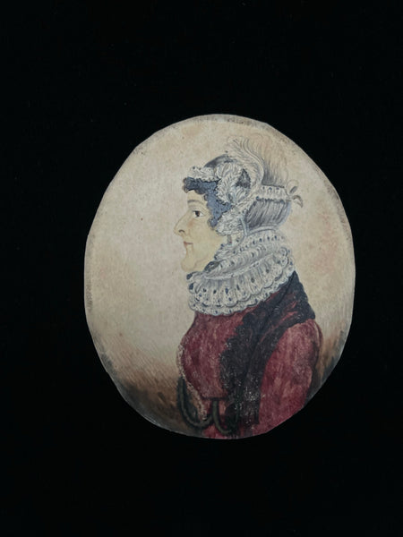 Miniature Hand-painted Watercolour Portrait Lady with Intricate Lace Collar: C1800 English