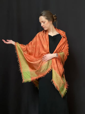 Fine Silk Brocade Shawl Burnt Orange and Green: C19th Europe