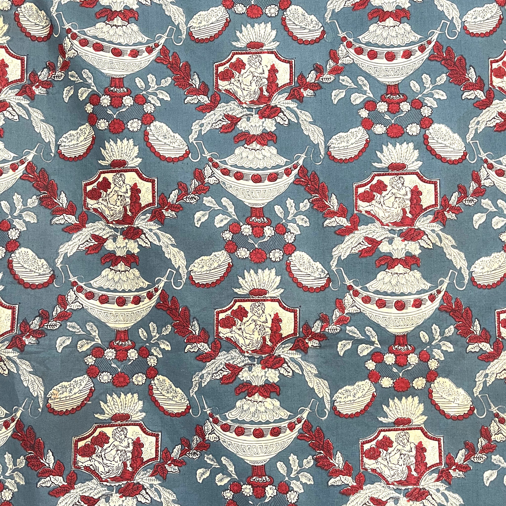Antique French Hand Blocked Chintz Toile with Urns and Swags, Indigo blue with Madder red. C19th