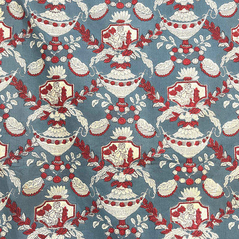 Antique French Hand Blocked Chintz Toile with Urns and Swags, Indigo blue with Madder red. C19th