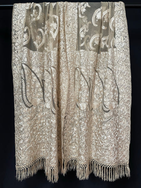 Fine Cream Silk Embroidered Gauze Delhi Shawl: C19th India