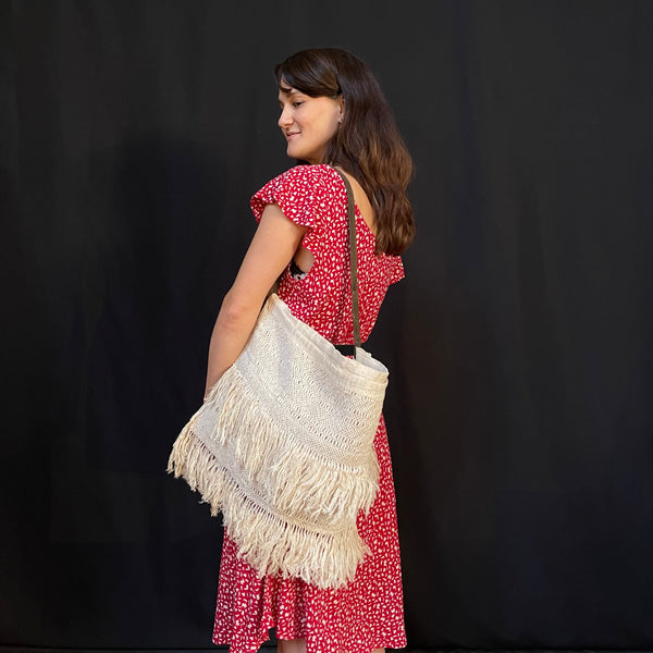 Linen Shoulder Bag with Hand Knotted Fringing: French C19th