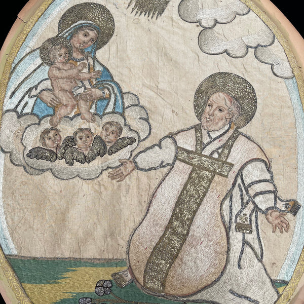 Gilt Framed Religious Embroidered Appliqué with Putti: C18th English