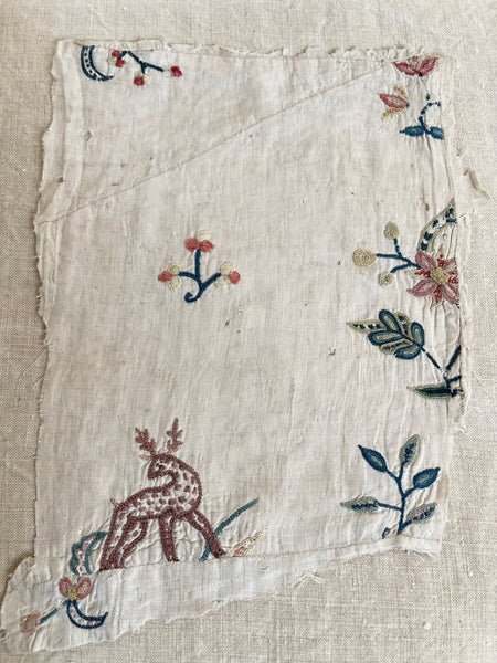 Early Tambour Embroidered Dress Fragment with Deer: C18th English