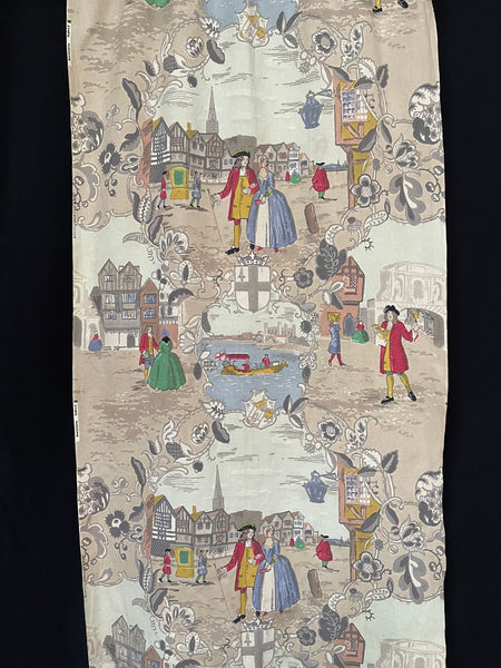 Antique Sandersons Printed Textile Panel with 18th Century Scenes: C1920 England