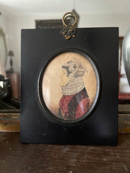 Miniature Hand-painted Watercolour Portrait Lady with Intricate Lace Collar: C1800 English