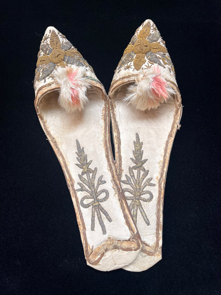 Pair of Antique Gilt-work Embroidered Velvet Slippers: C19th Turkey
