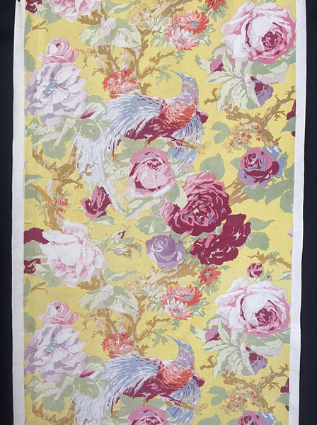 Painterly Chinoiserie Printed Textile with Roses and Exotic Birds: C1930 France