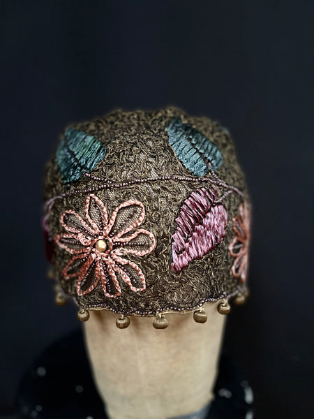 Decorative Raffia Embroidered Cloche Hat: C1920 France