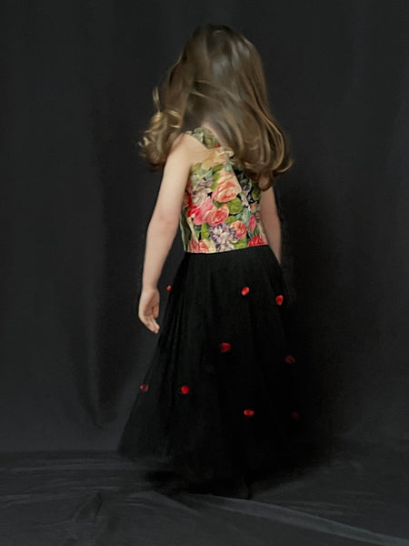 Child’s Antique Dress with Rose Printed Velvet Bodice: C1930s Europe