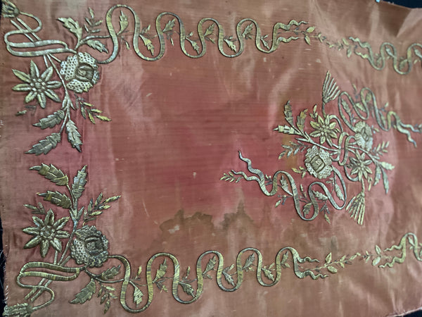 Ottoman Gilt Embroidered Terracotta Pink Silk Panel: C19th Turkey