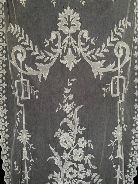 Art Nouveau Embroidered Lace Appliqué Curtain Panel Chateau Length: C1910 France