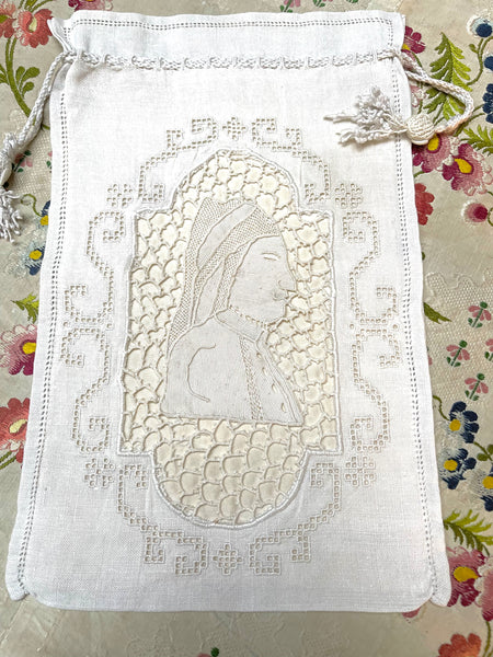 Antique Needlepoint Linen Lace Bag: C18th Europe