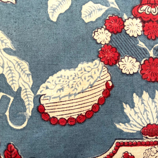 Antique French Hand Blocked Chintz Toile with Urns and Swags, Indigo blue with Madder red. C19th