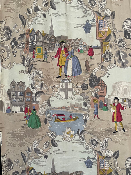 Antique Sandersons Printed Textile Panel with 18th Century Scenes: C1920 England