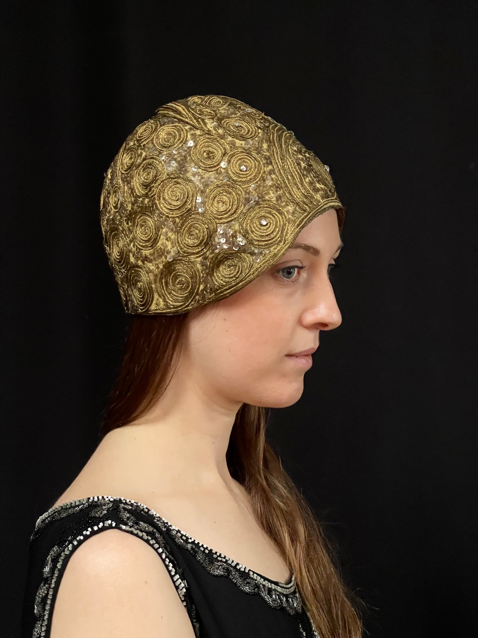 Gold Embroidered Sequinned and Beaded Cloche Hat: C1920s France