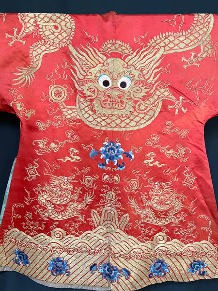 Embroidered Silk Chinese Dragon Robe Opera or Theatre: Qing (Ch’ing) Dynasty C1900 China