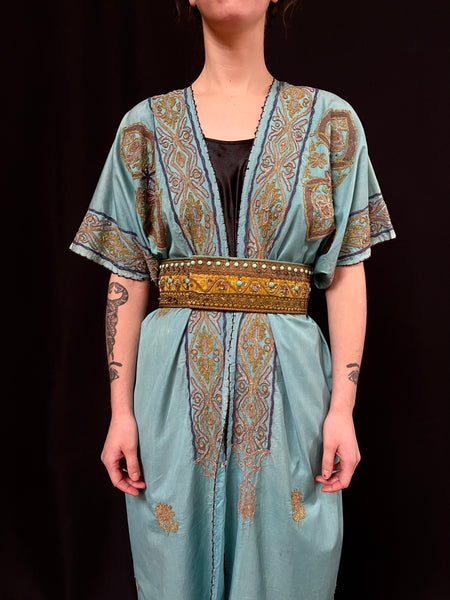 Antique Metallic Embroidered Turquoise Robe: C1910 Turkish