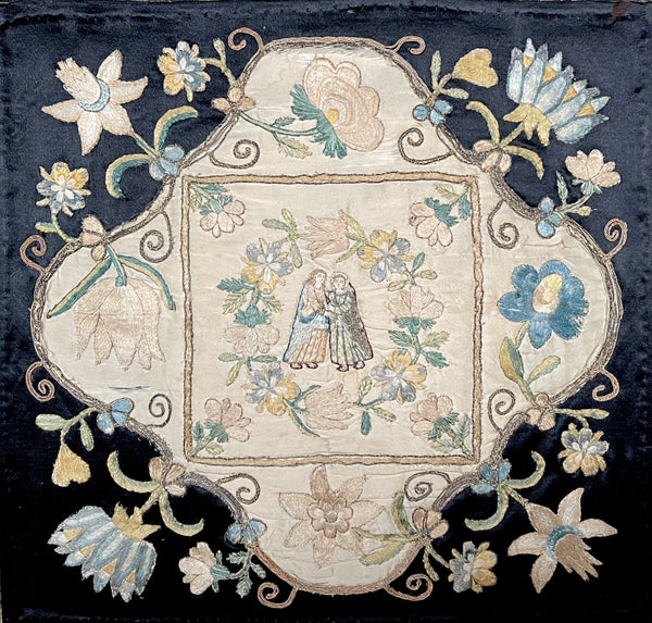 Queen Anne Silk Embroidered Appliqué Panel with Figures: C17th European