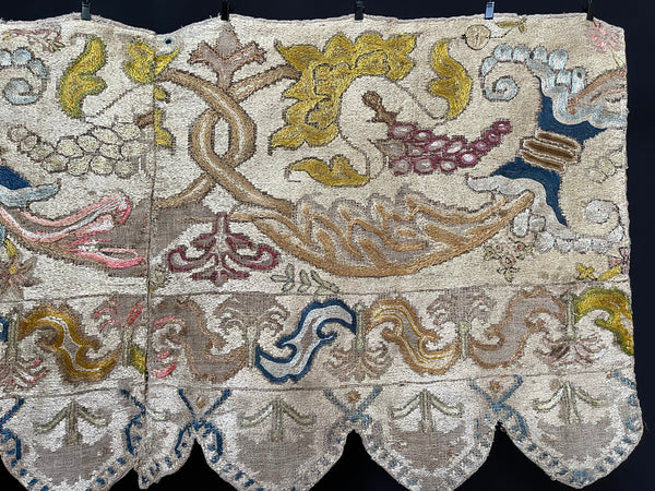 Decorative Silk Embroidered Panel or Pelmet : C17th Portaguese