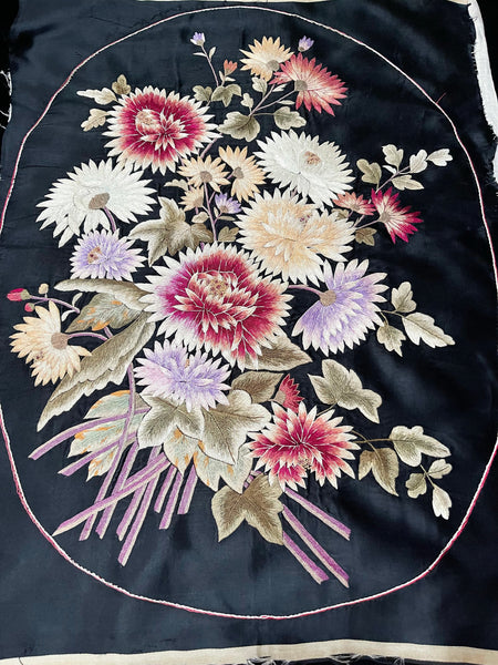 Antique Japanese Oval Silk Embroidered Floral Embroidery : C1920s Japanese  (for export)