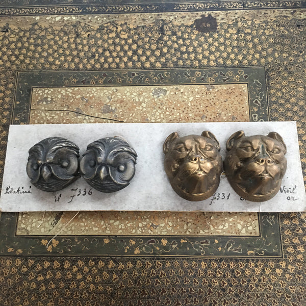 Pair of Antique Gilt Buckles, Owls and Dogs: France C19th